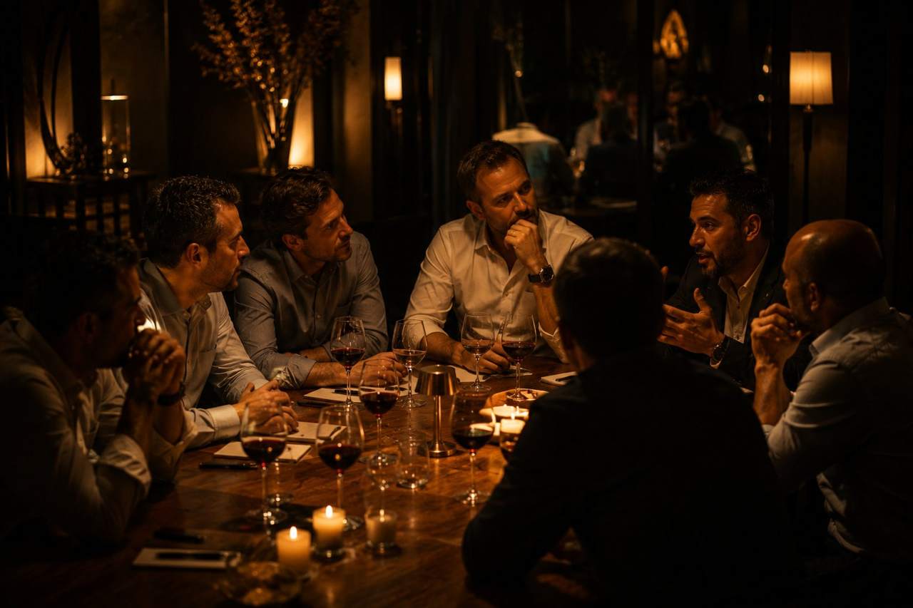 Cena de La Cúpula — empresarios gay de la Hermandad conversando en la mesa