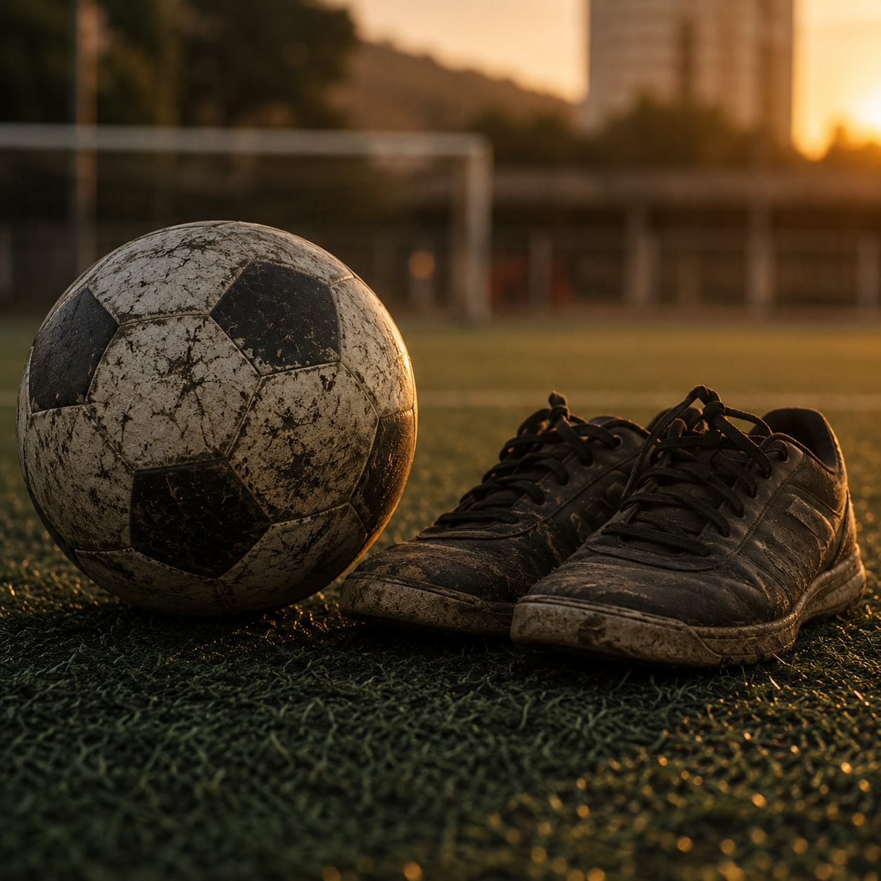 Un balón de fútbol gastado junto a unos tenis comunes sin marca sobre el césped sintético: acá no necesitás tenis caros para jugar.
