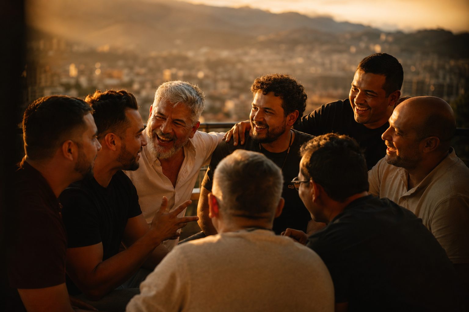 Hermandad gay de Medellín — hombres gay conectando en persona al atardecer
